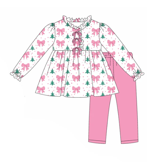 7.24 preorder(moq 5) Baby Girls Pink Bows Polka Dots Christmas Trees Tunic Legging Pants Set