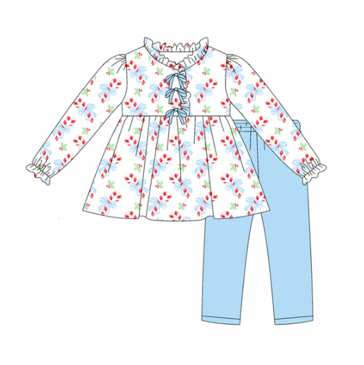 7.24 preorder(moq 5) Baby Girls Long Sleeves Blue Candy Cane Holly Tunic Legging Pants Set