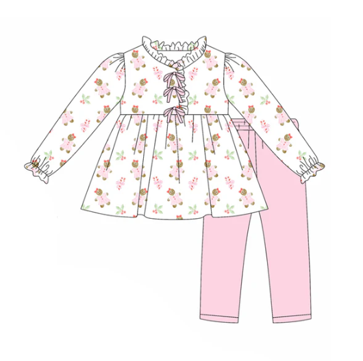 7.24 preorder(moq 5) Baby Girls Long Sleeves Pink Gingerbread Holly Tunic Legging Pants Set