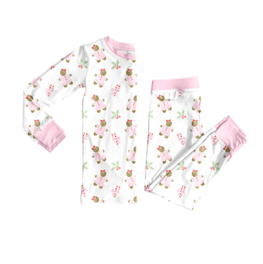 7.24 preorder(moq 5) Baby Girls Long Sleeves Pink Gingerbread Holly Top Pants Pajamas Set