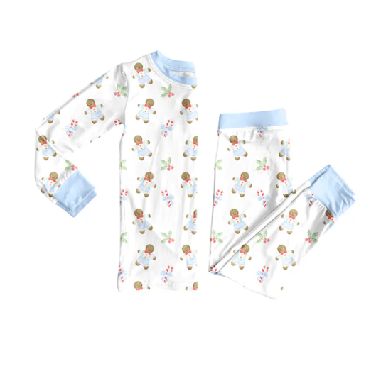 7.24 preorder(moq 5) Baby Boys Long Sleeves Blue Gingerbread Holly Top Pants Pajamas Set