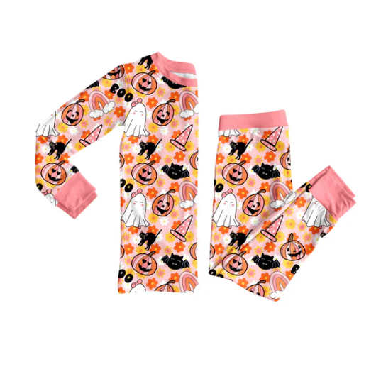7.24 preorder(moq 5) Baby Girls Long Sleeves Flowers Ghost Pumpkins Top Pants Pajamas Set