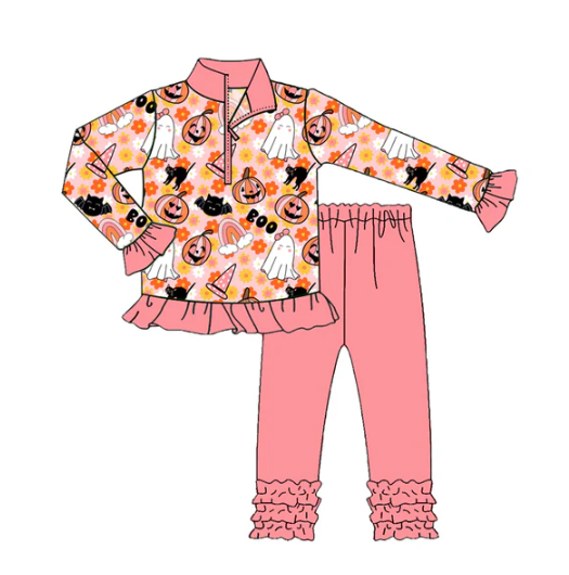 7.24 preorder(moq 5) Baby Girls Long Sleeves Flowers Ghost Pumpkins Zipper Top Legging Pants Set