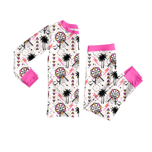 7.24 preorder(moq 5) Baby Girls Long Sleeves Pink Windmills Beach Top Pants Pajamas Set