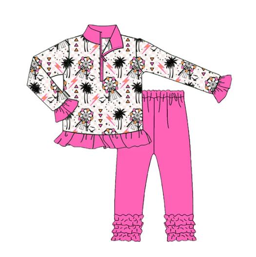 7.24 preorder(moq 5) Baby Girls Long Sleeves Pink Windmills Beach Zipper Top Legging Pants Set
