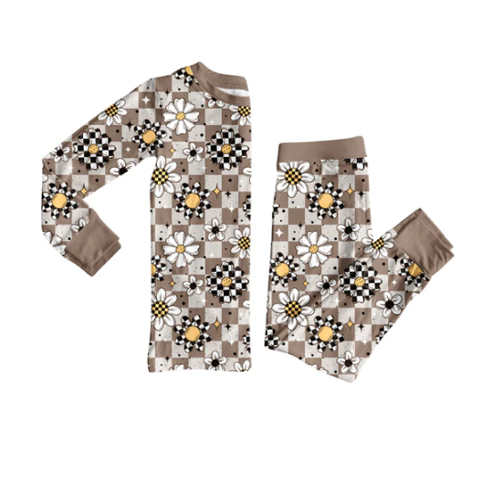 7.24 preorder(moq 5) Baby Girls Long Sleeves Khaki Flowers Plaid Top Pants Pajamas Set