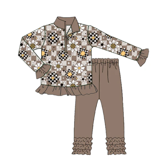 7.24 preorder(moq 5) Baby Girls Long Ruffle Sleeves Flowers Plaid Zipper Top Legging Pants Set