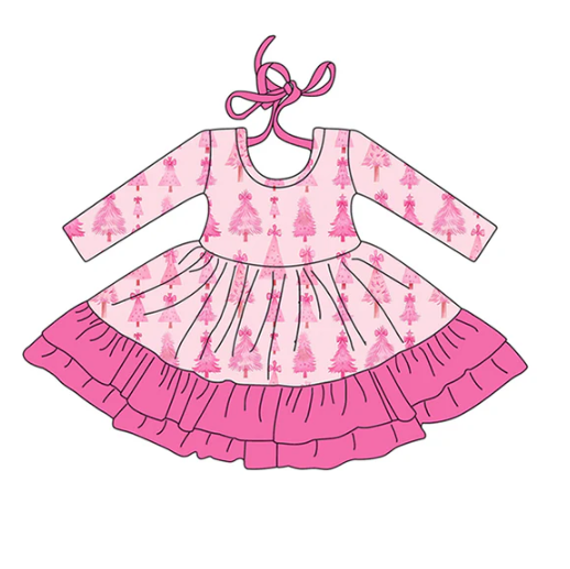 7.25 Preorder (moq 5)Baby Girls Long Sleeves Pink Bows Christmas Trees Ruffle Knee Length Dress