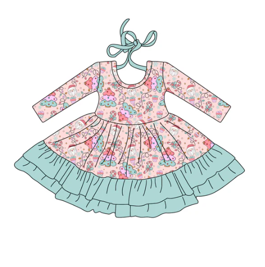 7.25 Preorder (moq 5)Baby Girls Long Sleeves Christmas Trees Santa Ruffle Knee Length Dresses