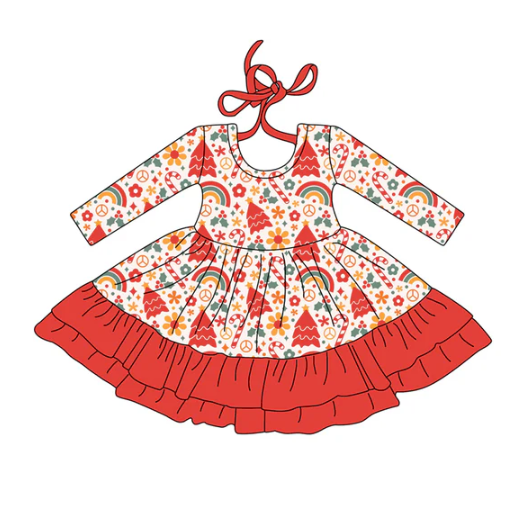 7.25Preorder (moq 5)Baby Girls Long Sleeves Flowers Candy Cane Plaid Ruffle Knee Length Dress