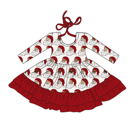 7.25 Preorder (moq 5)Baby Girls Long Sleeves Red Santa Plaid Ruffle Knee Length Dresses