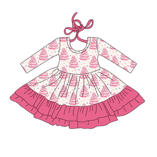7.25 Preorder (moq 5)Baby Girls Long Sleeves Pink Christmas Trees Plaid Ruffle Knee Length Dress