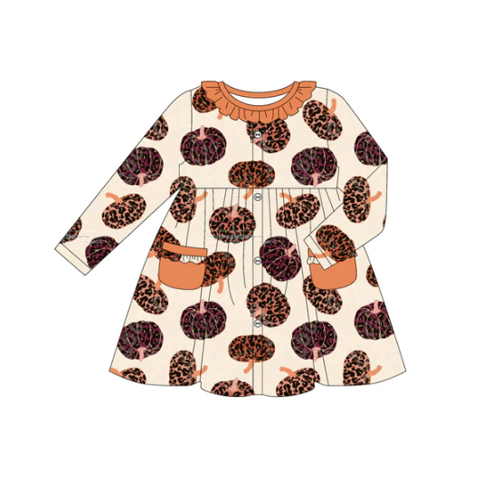 7.25 Preorder (moq 5)Baby Girls Long Sleeves Leopard Pumpkins Plaid Pockets Knee Length Dress