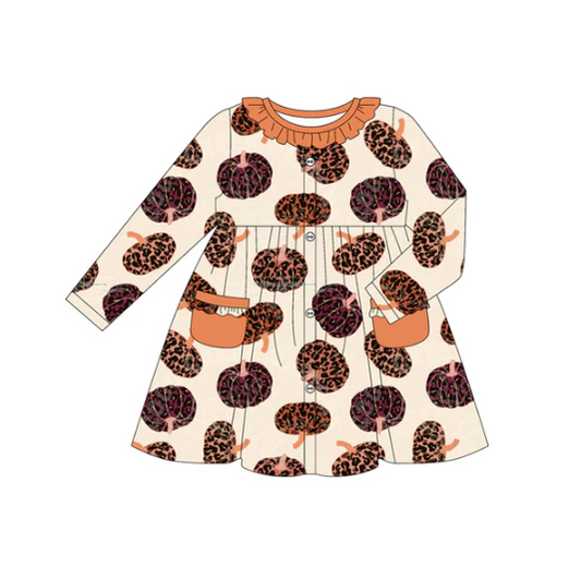 7.25 Preorder (moq 5)Baby Girls Long Sleeves Leopard Pumpkins Plaid Pockets Knee Length Dress