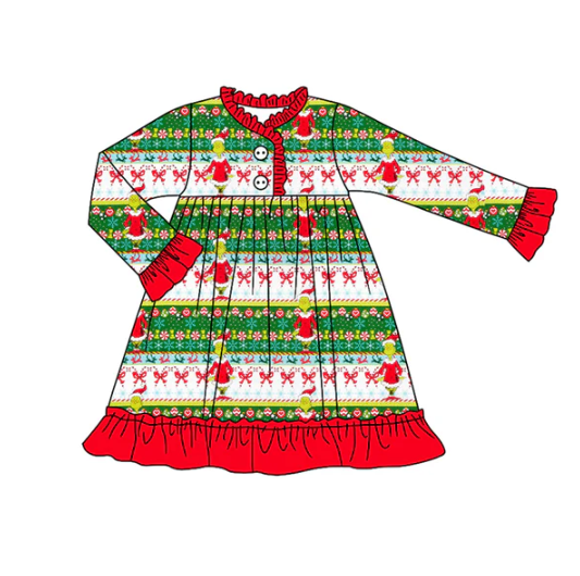 7.25 Preorder (moq 5)Baby Girls Long Ruffle Sleeves Cartoon Faces Stripes Button Knee Length Dress