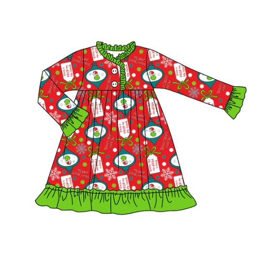 7.25 Preorder (moq 5)Baby Girls Long Ruffle Sleeves Cartoon Faces Plaid Button Knee Length Dress