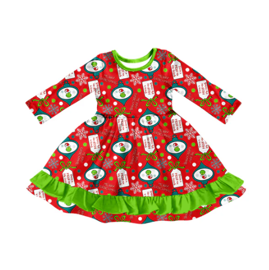 7.25 Preorder (moq 5)Baby Girls Long Sleeves Cartoon Faces Plaid Ruffle Knee Length Dresses