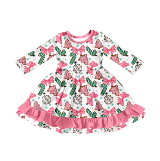 7.25 Preorder (moq 5)Baby Girls Long Sleeves Bows Candy Cane Ruffle Knee Length Dresses