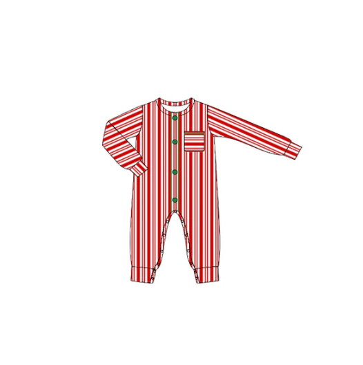 7.25 Preorder(moq 5)Baby Boys Long Sleeves Red Stripes Pocket Button Pant Rompers