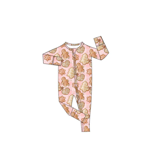 7.25 Preorder(moq 5)Baby Girls Long Sleeves Pink Gingerbread Trees Zipper Pant Rompers