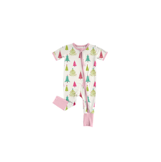 7.25 Preorder(moq 5)Baby Girls Short Sleeves Pink Christmas Trees Zipper Pant Rompers