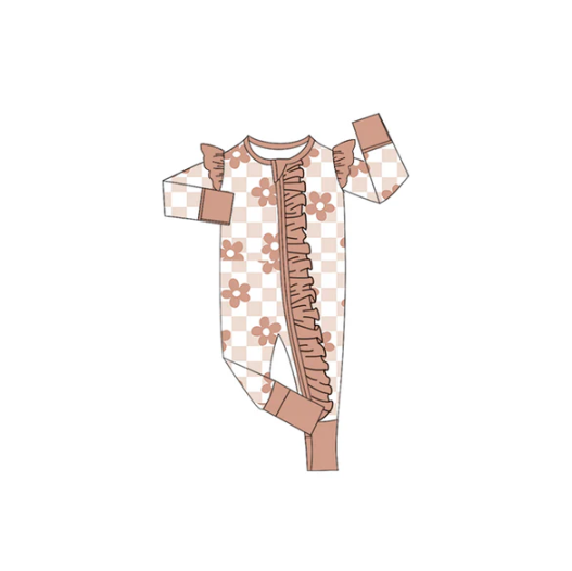 7.25 Preorder(moq 5)Baby Girls Pink Flowers Ruffle Plaid Zipper Pant Rompers