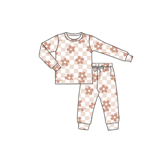 7.25 preorder(moq 5) Baby Girls Long Sleeves Pink Flowers Plaid Top Pants Pajamas Set