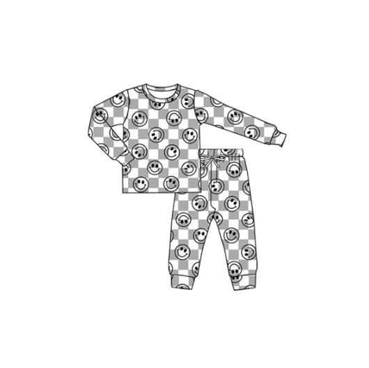 7.25 preorder(moq 5) Baby Boys Long Sleeves Gray Smiles Plaid Top Pants Pajamas Set