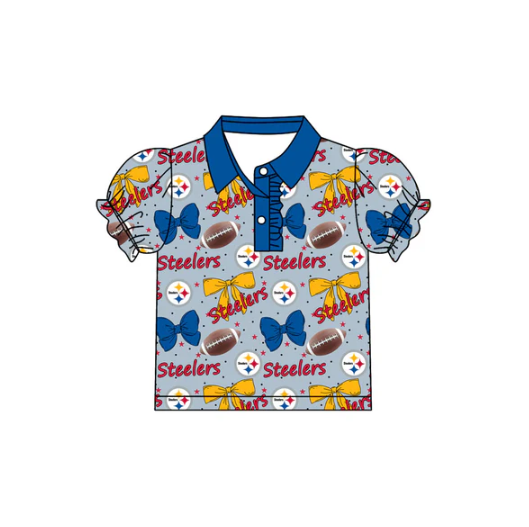 7.26 Preorder(moq 5)Baby Girls Steelers Bows Team Short Sleeve Tee Pullovers Polo Shirts Tops