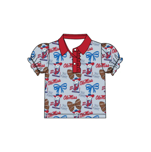 7.26 Preorder(moq 5)Baby Girls Olemiss Bows Team Short Sleeve Tee Pullovers Polo Shirts Tops