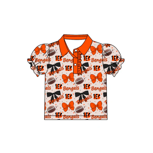 7.26 Preorder(moq 5)Baby Girls Bengals Bows Team Short Sleeve Tee Pullovers Polo Shirts Tops
