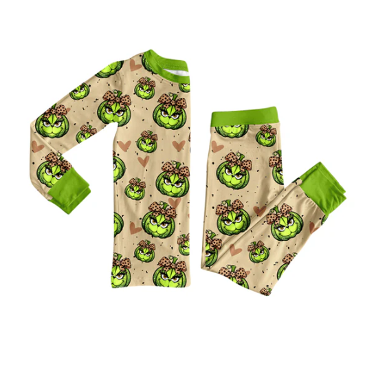 7.26 Preorder(moq 5) Baby Girls Long Sleeves Green Face Pumpkins Plaid Top Pants Pajamas Set