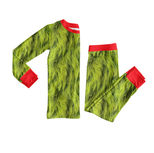 7.26 Preorder(moq 5) Baby Girls Long Sleeves Green Fur Print Top Pants Pajamas Set