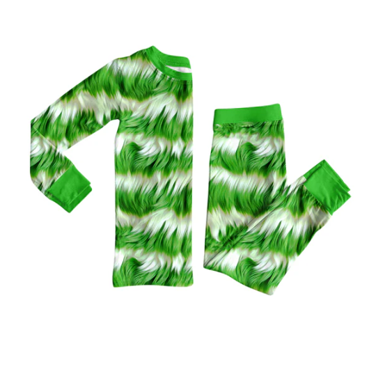 7.26 Preorder(moq 5) Baby Girls Long Sleeves Green White Fur Print Top Pants Pajamas Set