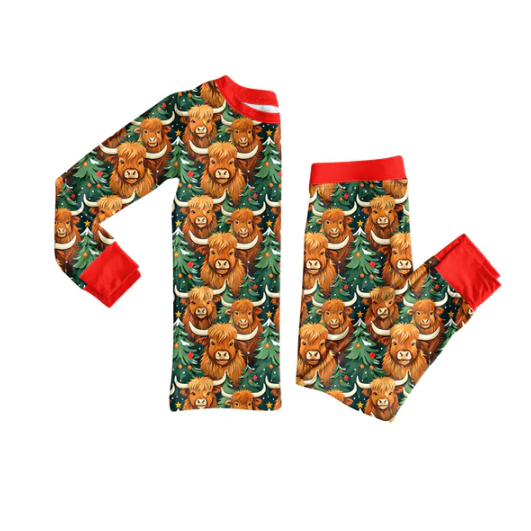 7.26 Preorder(moq 5) Baby Girls Long Sleeves Highland Cows Trees Plaid Top Pants Pajamas Set