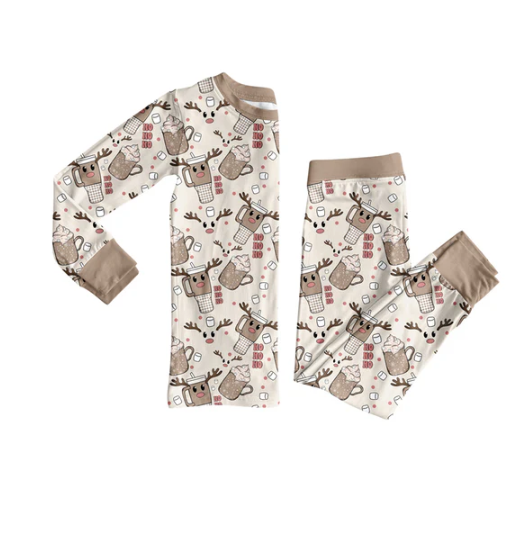 7.26 Preorder(moq 5) Baby Girls Long Sleeves Khaki Deer Cups Plaid Top Pants Pajamas Set