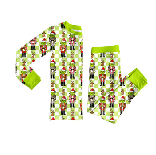 7.26 Preorder(moq 5) Baby Girls Long Sleeves Green Face Soldiers Plaid Top Pants Pajamas Set
