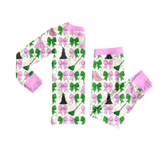 7.26 Preorder(moq 5) Baby Girls Long Sleeves Green Pink Bows Plaid Magic Top Pants Pajamas Set