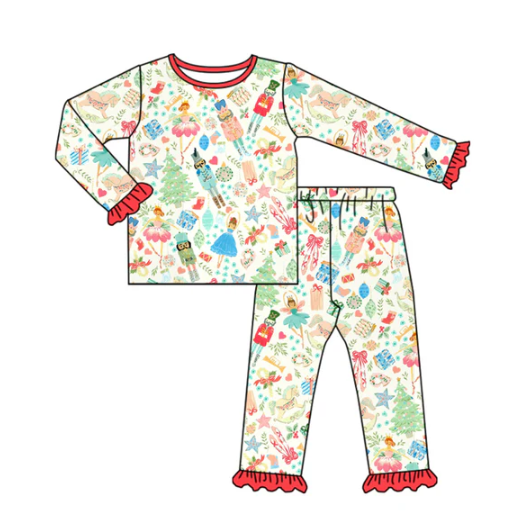 7.26 Preorder(moq 5) Baby Girls Long Ruffle Sleeves Christmas Trees Soldiers Top Pants Pajamas Set