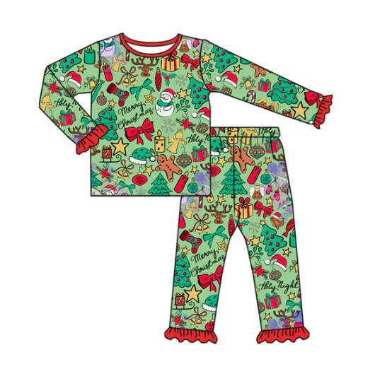 7.26Preorder(moq 5) Baby Girls Long Ruffle Sleeves Santa Gingerbread Top Pants Pajamas Set