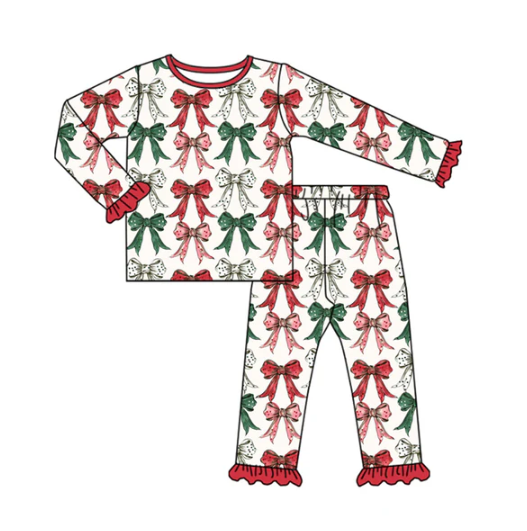 7.26 Preorder(moq 5) Baby Girls Long Ruffle Sleeves Green Red Bows Plaid Top Pants Pajamas Set