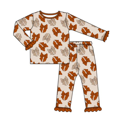 7.26 Preorder(moq 5) Baby Girls Long Ruffle Sleeves Khaki Bows Plaid Top Pants Pajamas Set