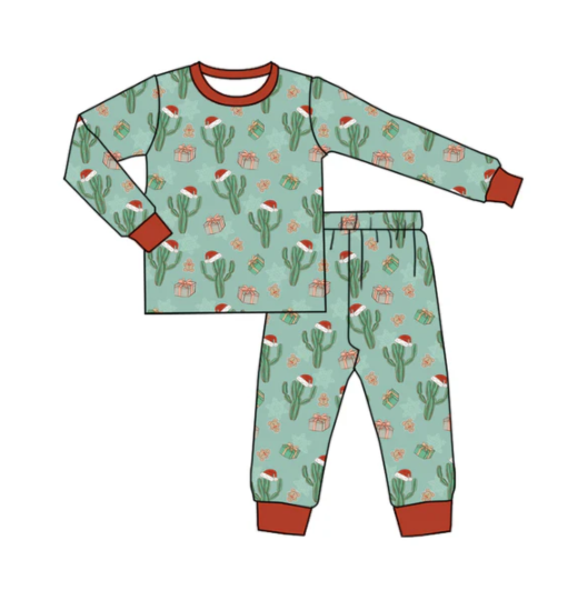 7.26 Preorder(moq 5) Baby Boys Long Sleeves Christmas Hats Cactus Plaid Top Pants Pajamas Set