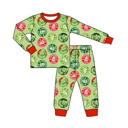 7.26 Preorder(moq 5) Baby Boys Long Sleeves Green Faces Blend Plaid Top Pants Pajamas Set