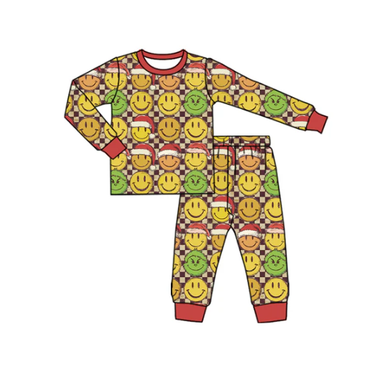 7.26 Preorder(moq 5) Baby Boys Long Sleeves Green Faces Smiles Plaid Top Pants Pajamas Set