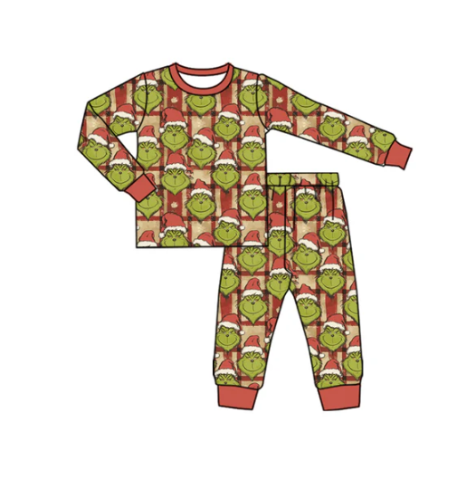 7.26 Preorder(moq 5) Baby Boys Long Sleeves Green Faces Plaid Top Pants Pajamas Set