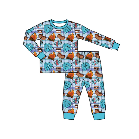 7.26 Preorder(moq 5) Baby Boys Long Sleeves Food Camping Plaid Top Pants Pajamas Set