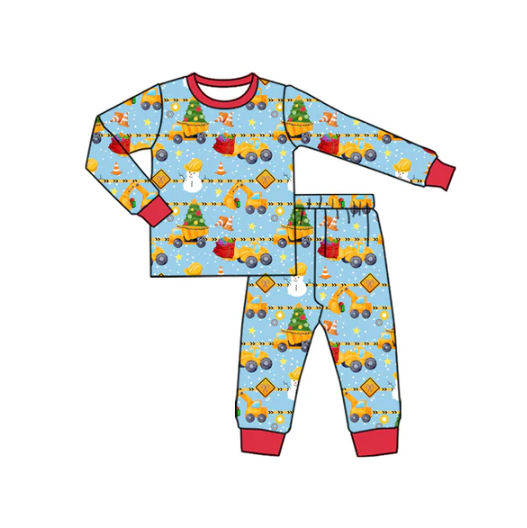 7.26 Preorder(moq 5) Baby Boys Long Sleeves Excavators Plaid Top Pants Pajamas Set