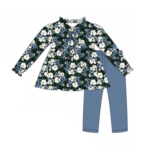 7.26 Preorder(moq 5) Baby Girls Hot Blue Long Ruffle Sleeves Floral Tunic Legging Pants Set