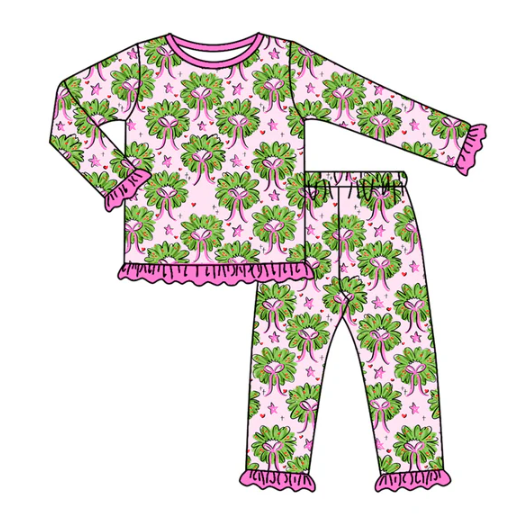 7.26 Preorder(moq 5) Baby Girls Long Ruffle Sleeves Holly Bows Plaid Top Pants Pajamas Set